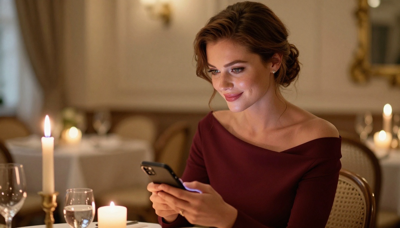 Sophisticated woman with chestnut hair smiling warmly at her phone at a candlelit restaurant