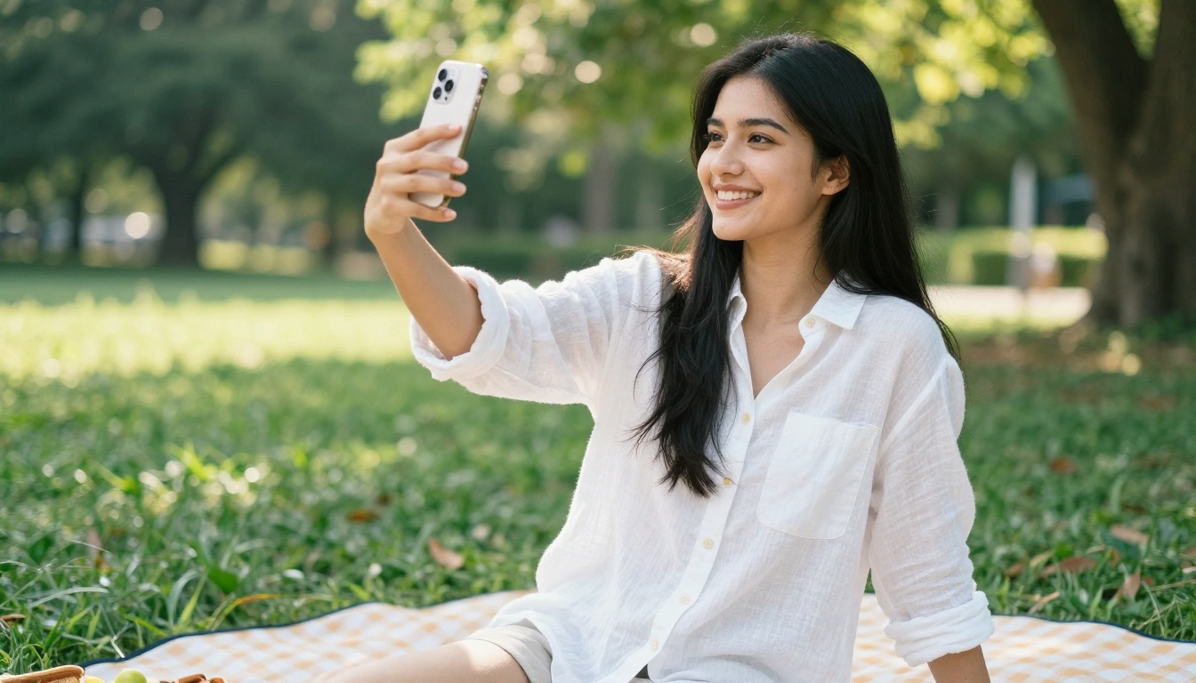 Vibrant woman with long black hair in a sunny park holding her phone in a selfie pose with a bright natural smile