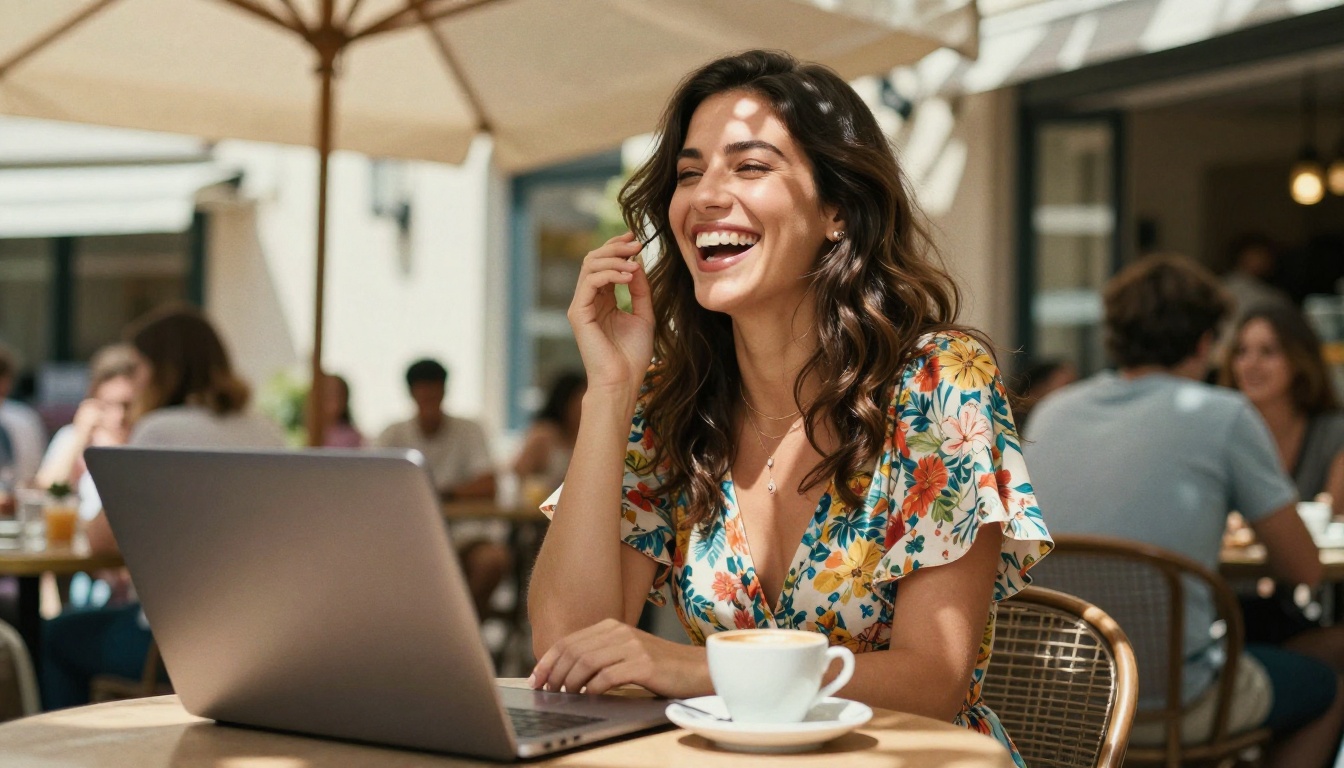 Radiant brunette woman laughing at an outdoor Mediterranean cafe with laptop visible