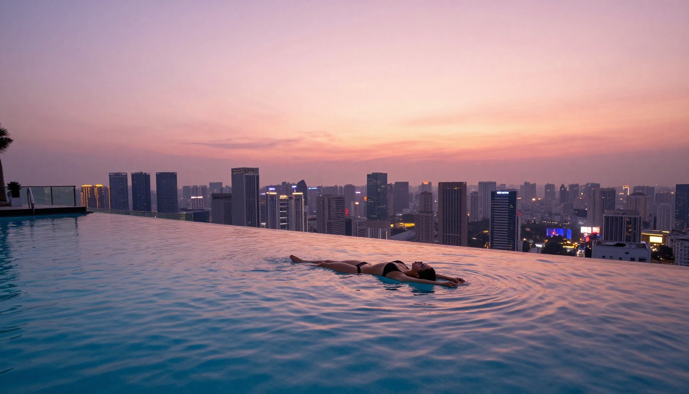Luxury rooftop pool at dusk