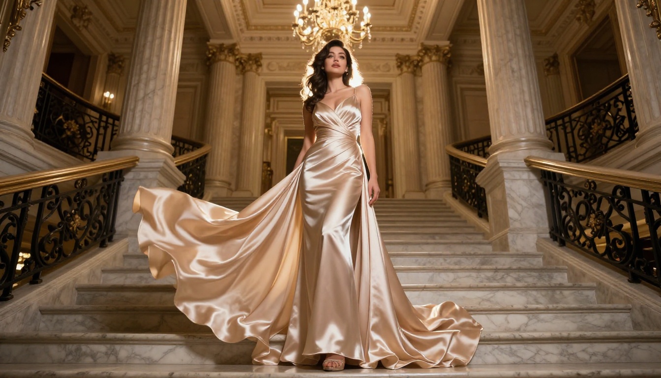 Woman in evening gown on grand staircase