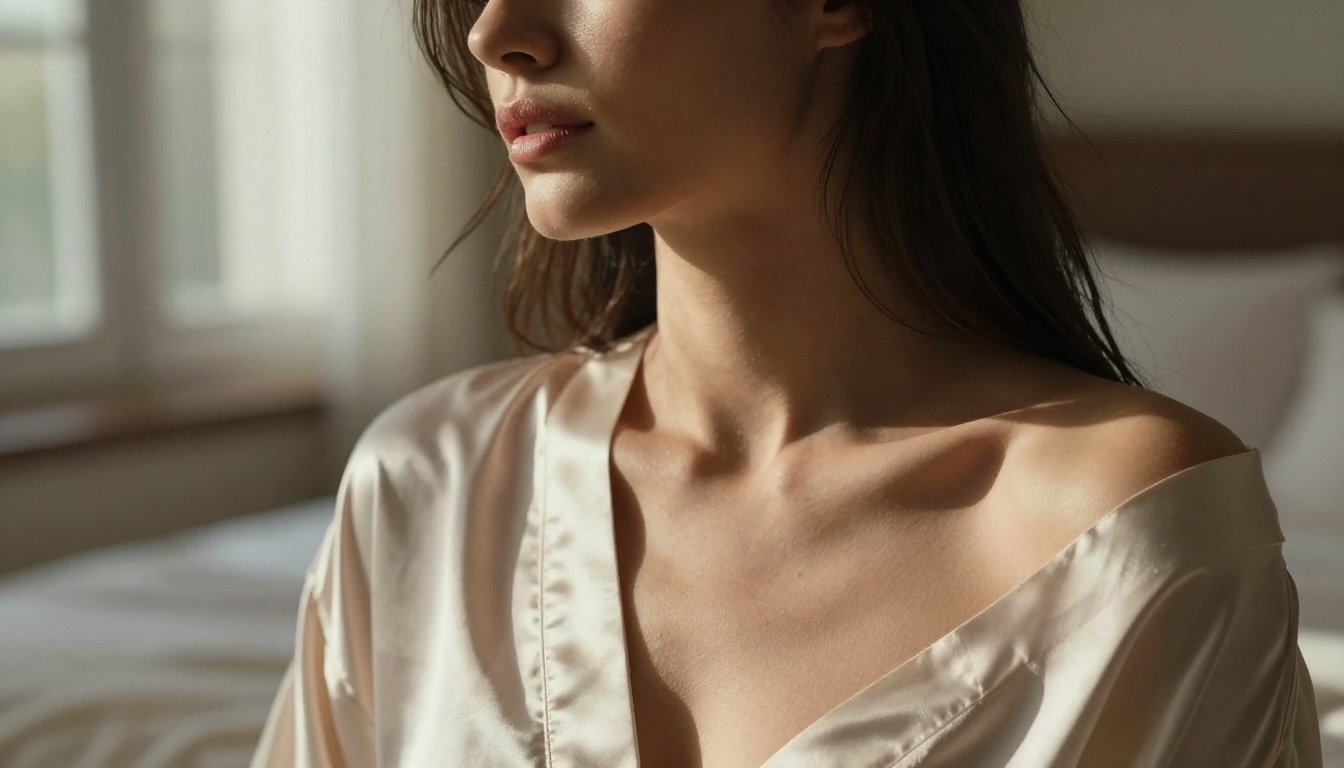 Confident woman in a silk robe near a sunlit window, photorealistic portrait