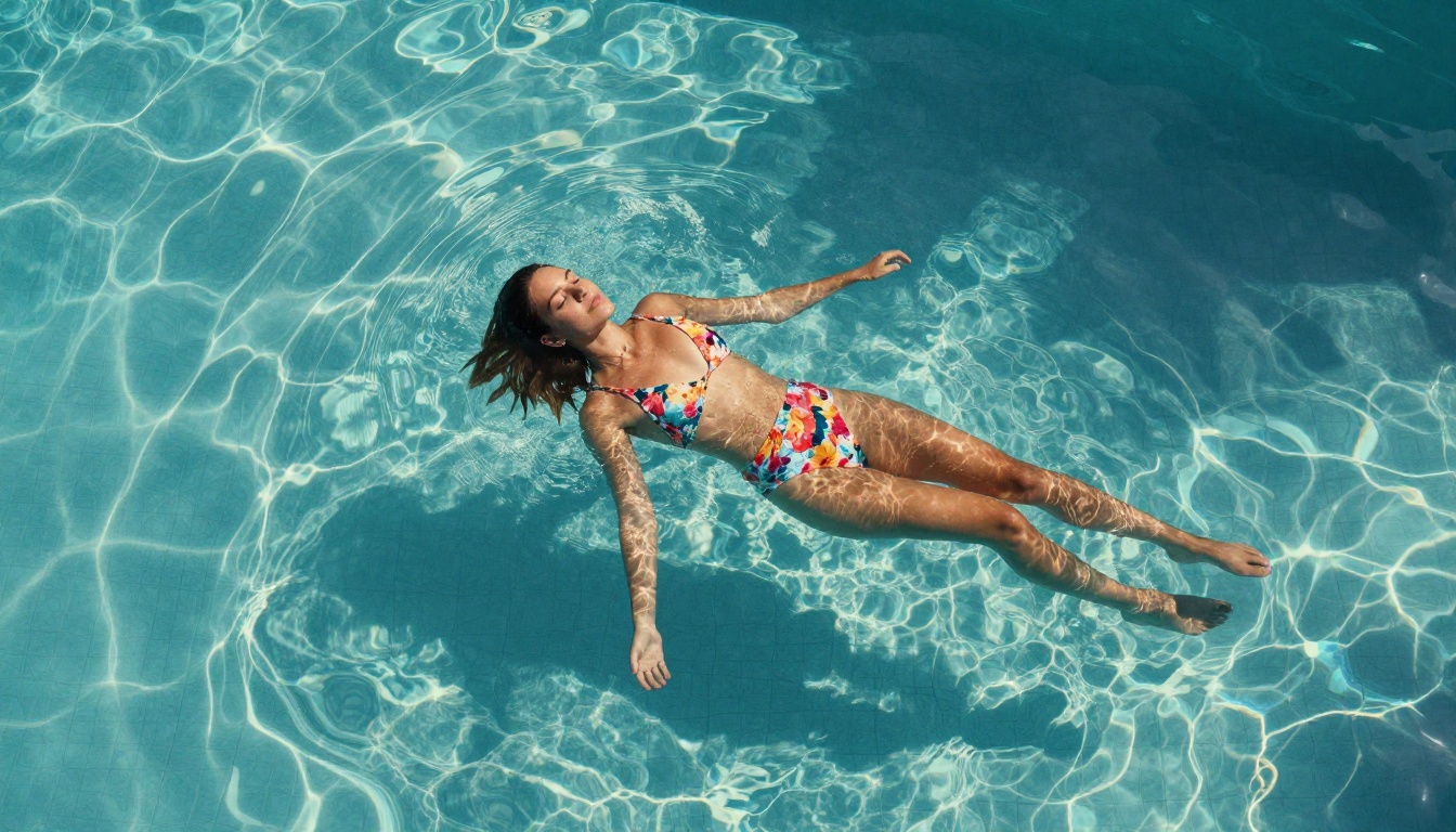 Beautiful woman floating in an infinity pool from aerial view, photorealistic RAW photography