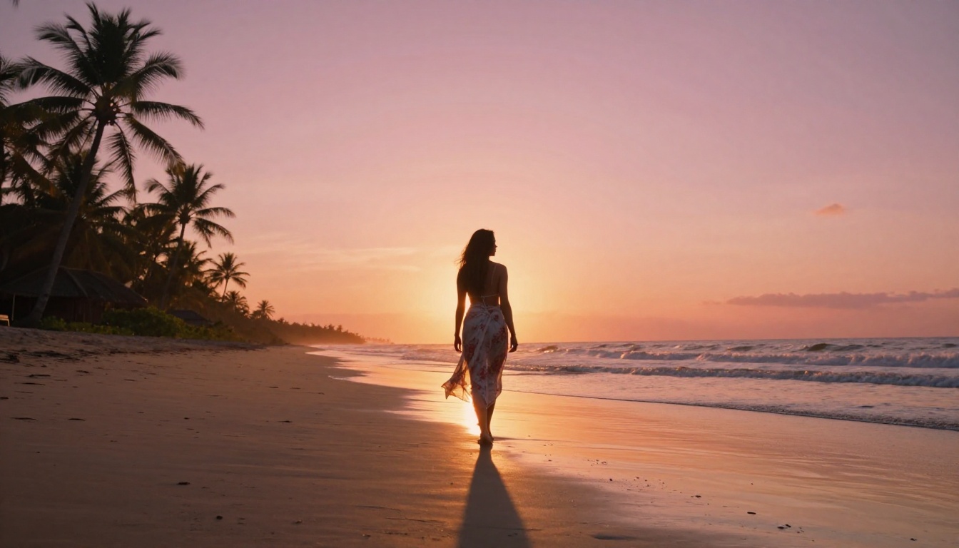 Woman in sheer sarong walking on tropical beach at sunset, wide environmental portrait Woman in sheer sarong walking on tropical beach at sunset, wide environmental portrait