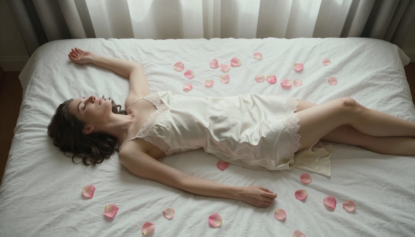 Photorealistic woman lying on white linen bed surrounded by rose petals, morning light