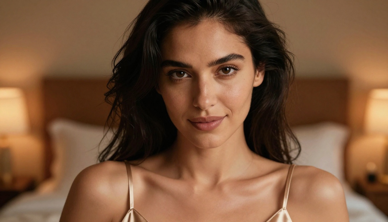 Close-up portrait of woman with dark hair, champagne silk camisole, candlelight bokeh background
