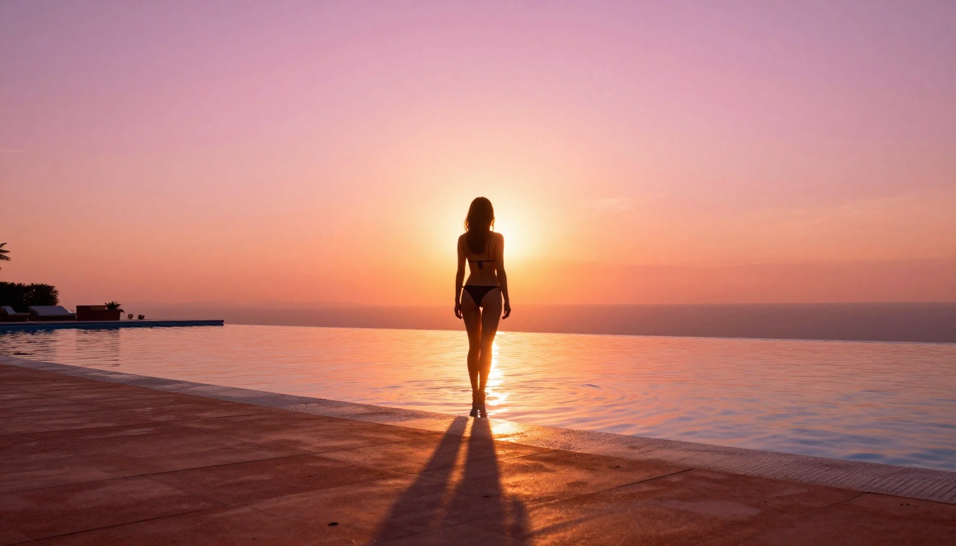 Low-angle shot of woman silhouetted at infinity pool edge against blazing sunset sky
