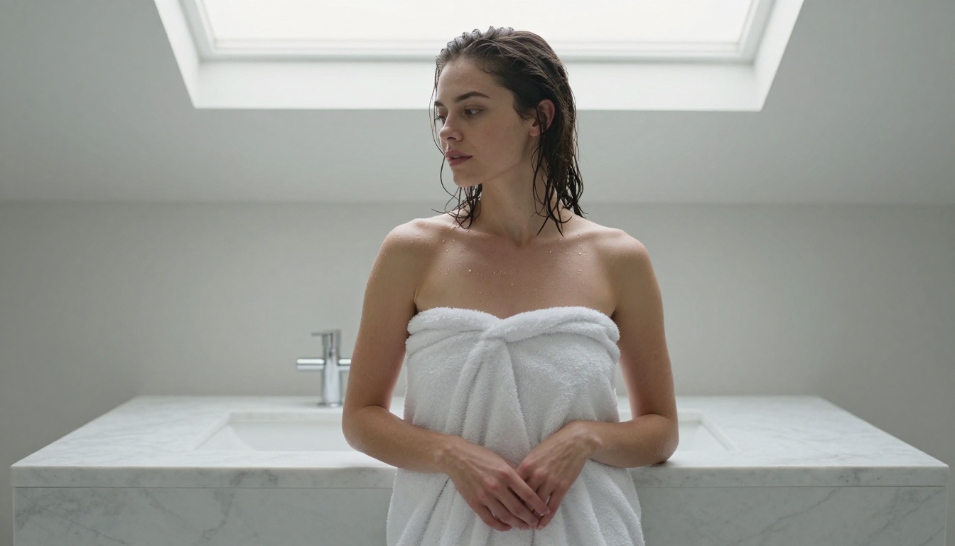 Woman in minimalist bathroom wrapped in white towel, soft skylight diffusion, natural skin texture