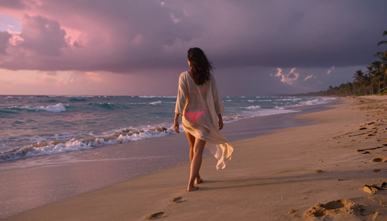 Woman walking barefoot on tropical beach at dusk, sheer linen cover-up, dramatic sunset sky