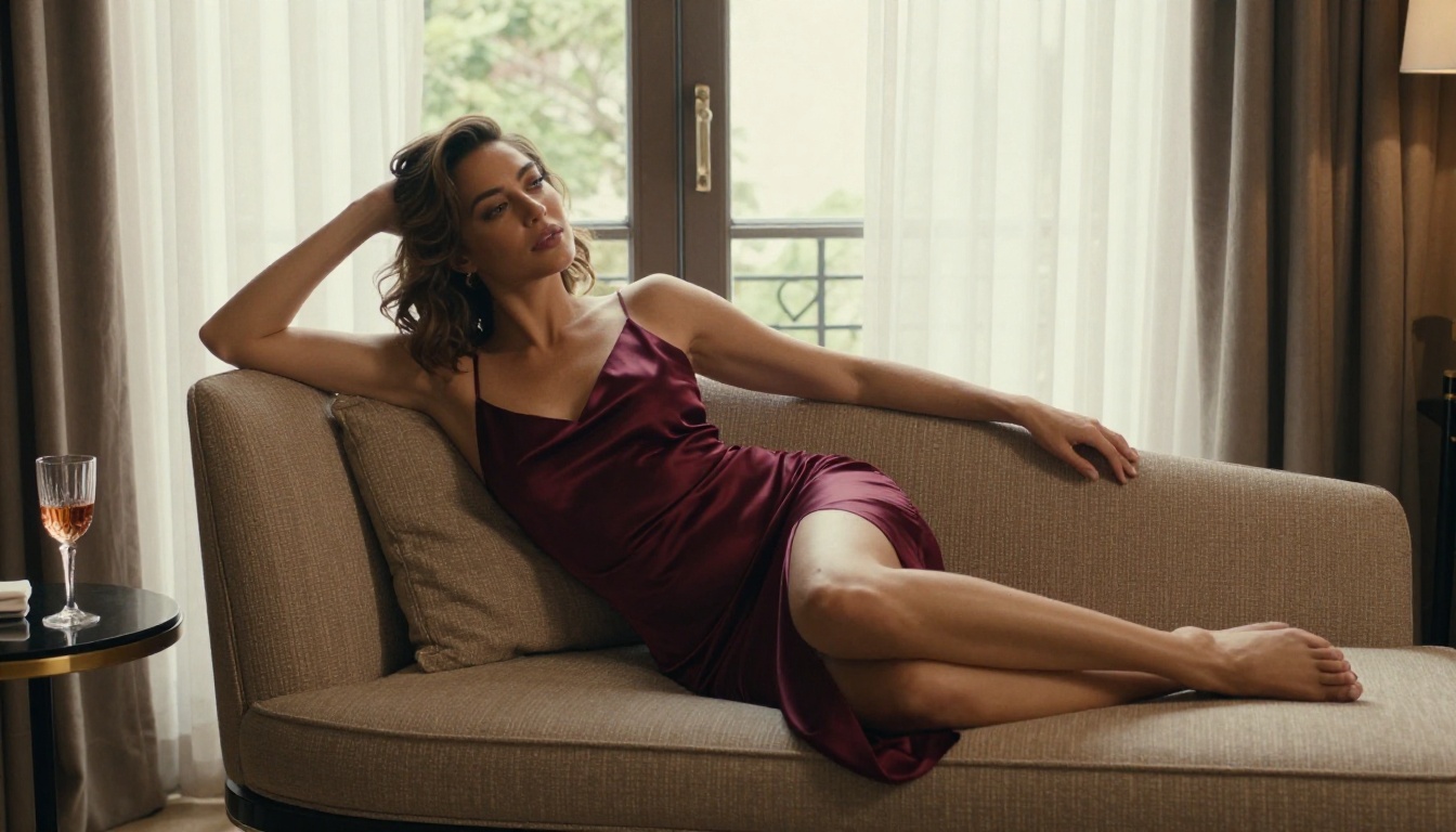 Woman reclining on chaise lounge in burgundy satin slip dress, French doors, afternoon light