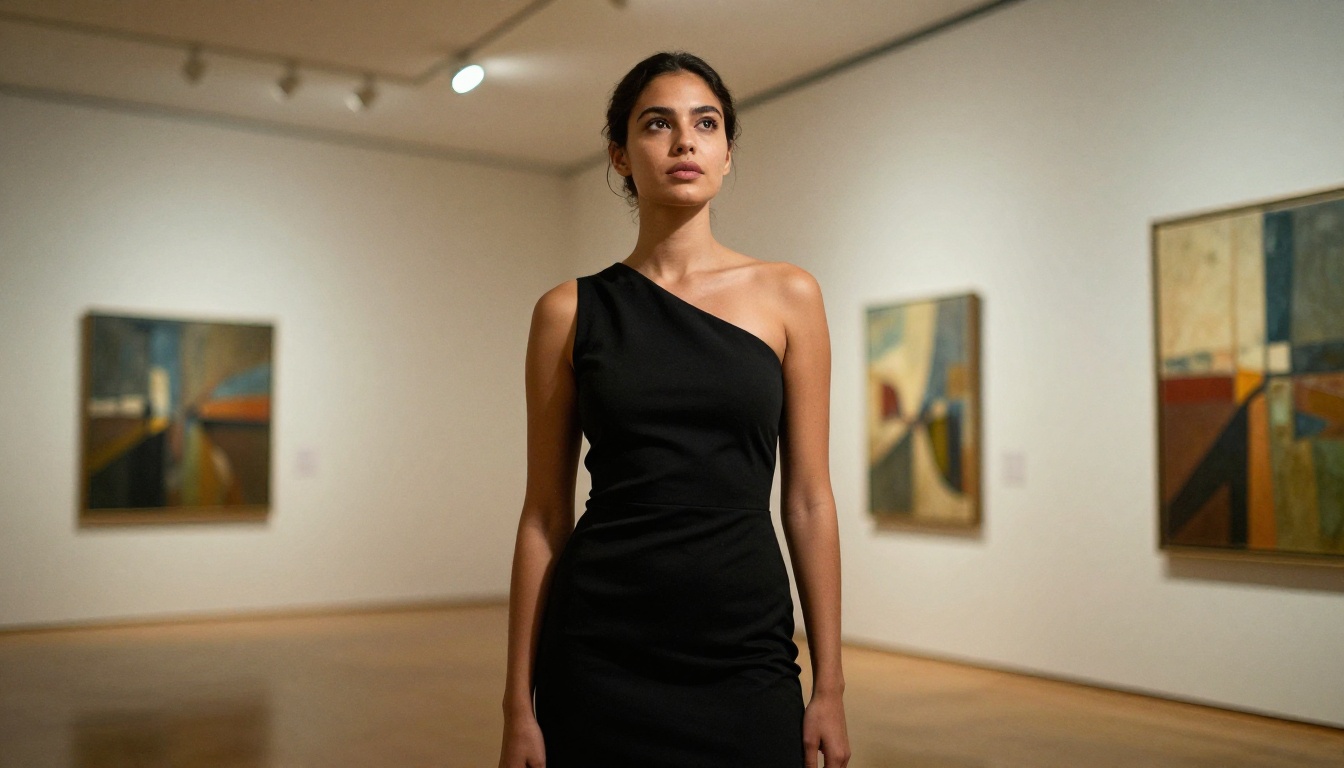 Woman in one-shoulder black dress in an art gallery, overhead track lighting, low-angle shot