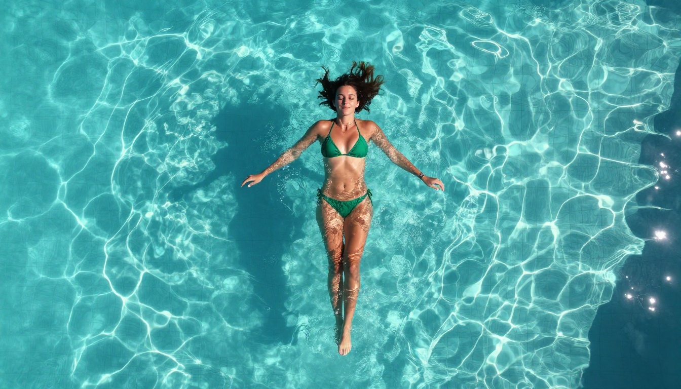 Aerial view woman floating in turquoise pool overhead drone shot
