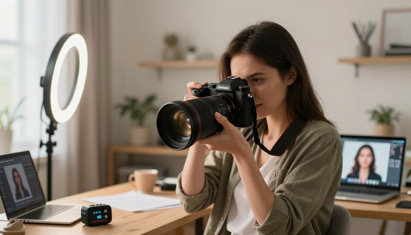 Professional photographer working in studio with AI portrait on laptop Professional photographer working in studio with AI portrait on laptop
