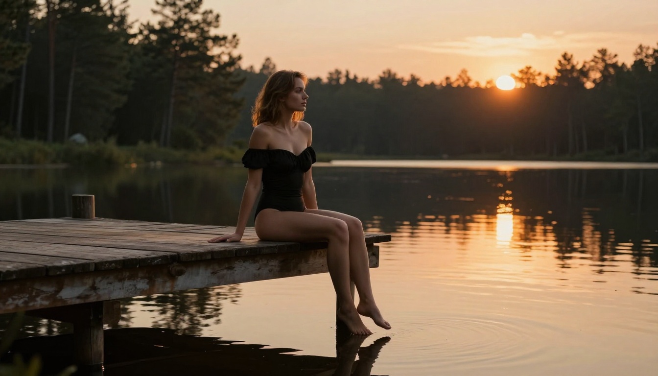 Woman in black swimsuit on wooden dock at lake sunset golden light Woman in black swimsuit on wooden dock at lake sunset golden light