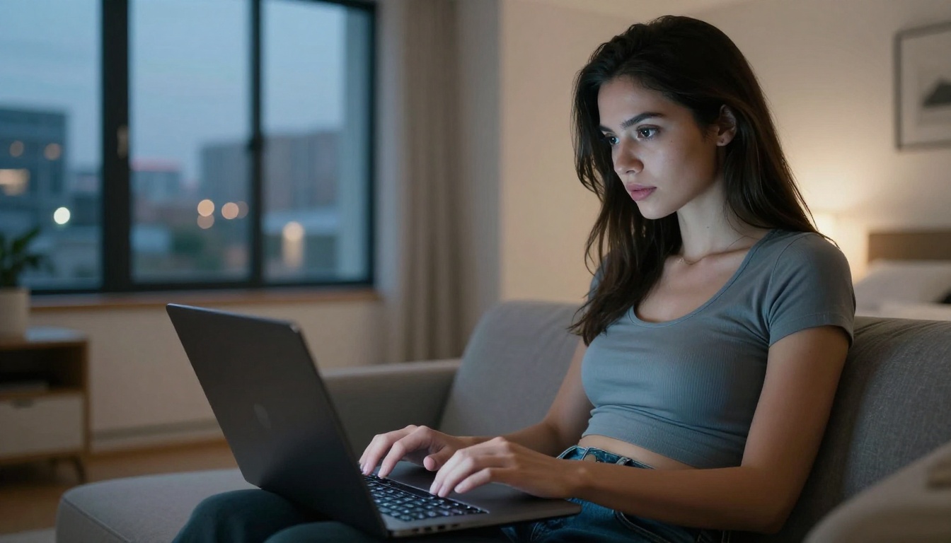 Woman glancing over shoulder at laptop screen in modern minimalist apartment