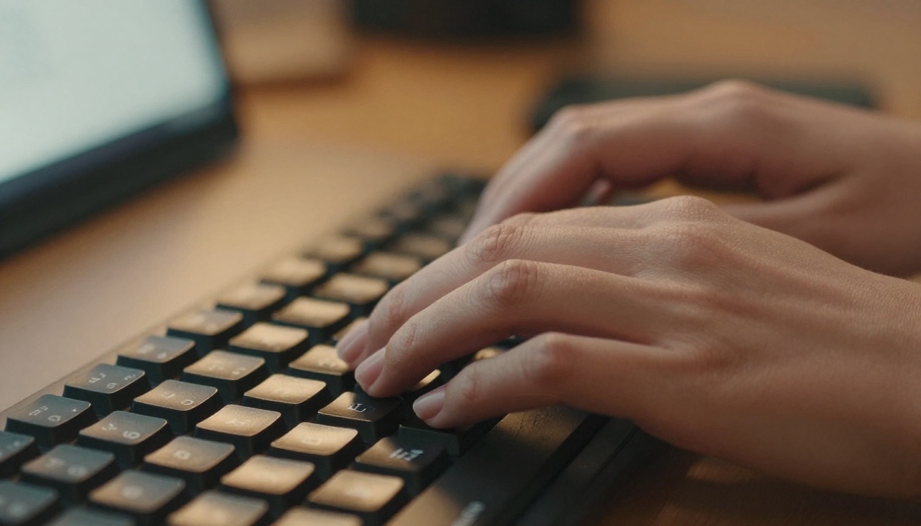 Close-up of elegant hands typing on keyboard in cozy home studio with warm amber bokeh