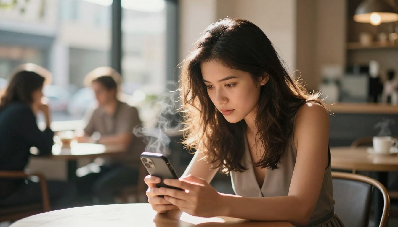 Beautiful woman at urban cafe holding smartphone with focused expression, afternoon light
