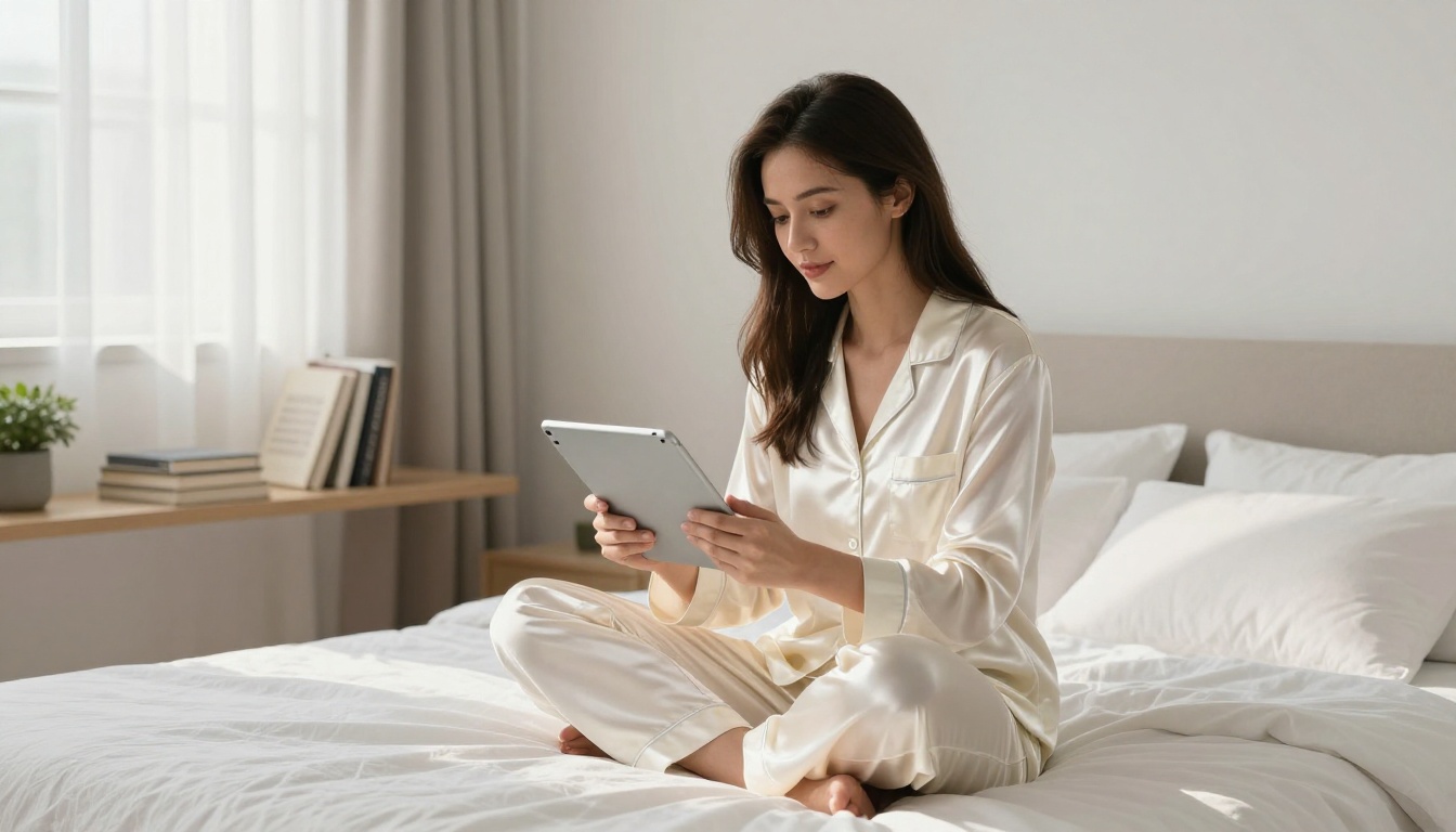 Confident woman sitting cross-legged on modern bed using tablet, soft morning window light