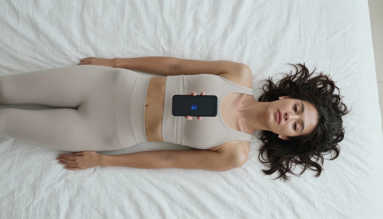 Aerial overhead view of woman lying on white linen holding smartphone, diffused skylight above