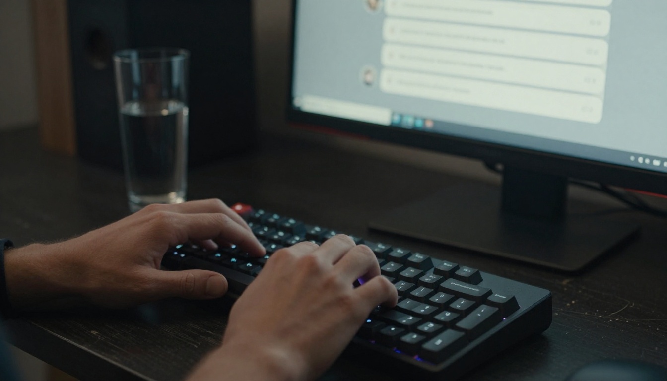 Hands on keyboard with AI chat interface on screen