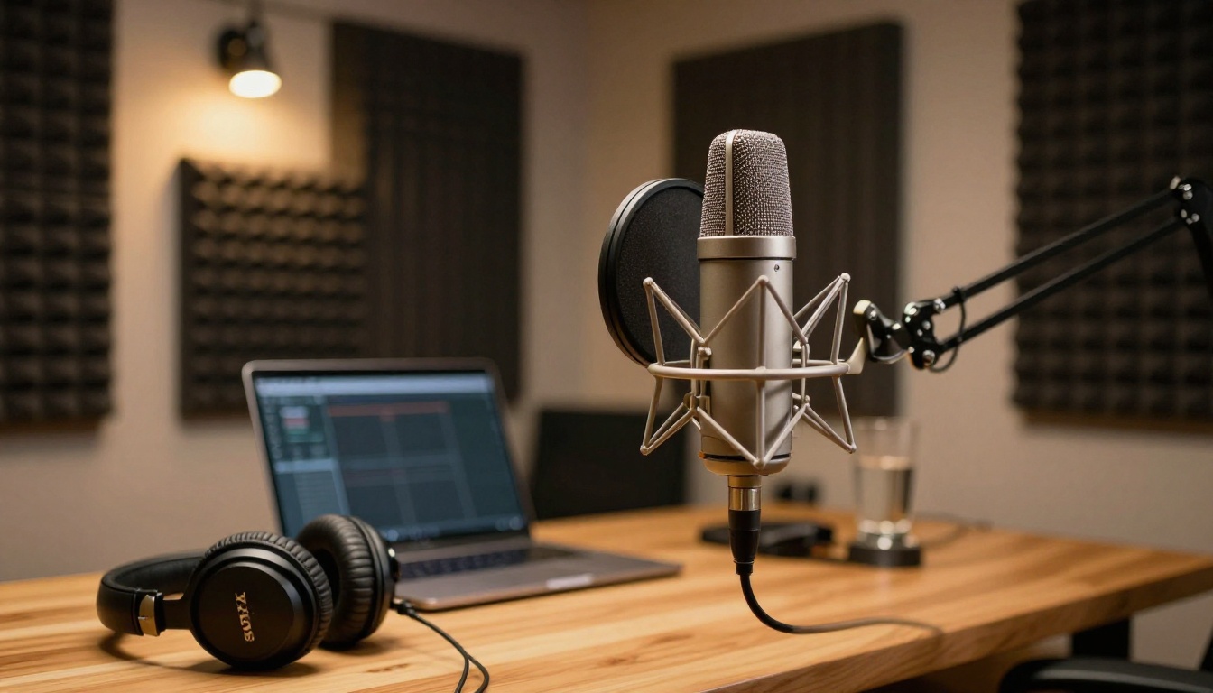 Podcast recording studio with microphone and headphones