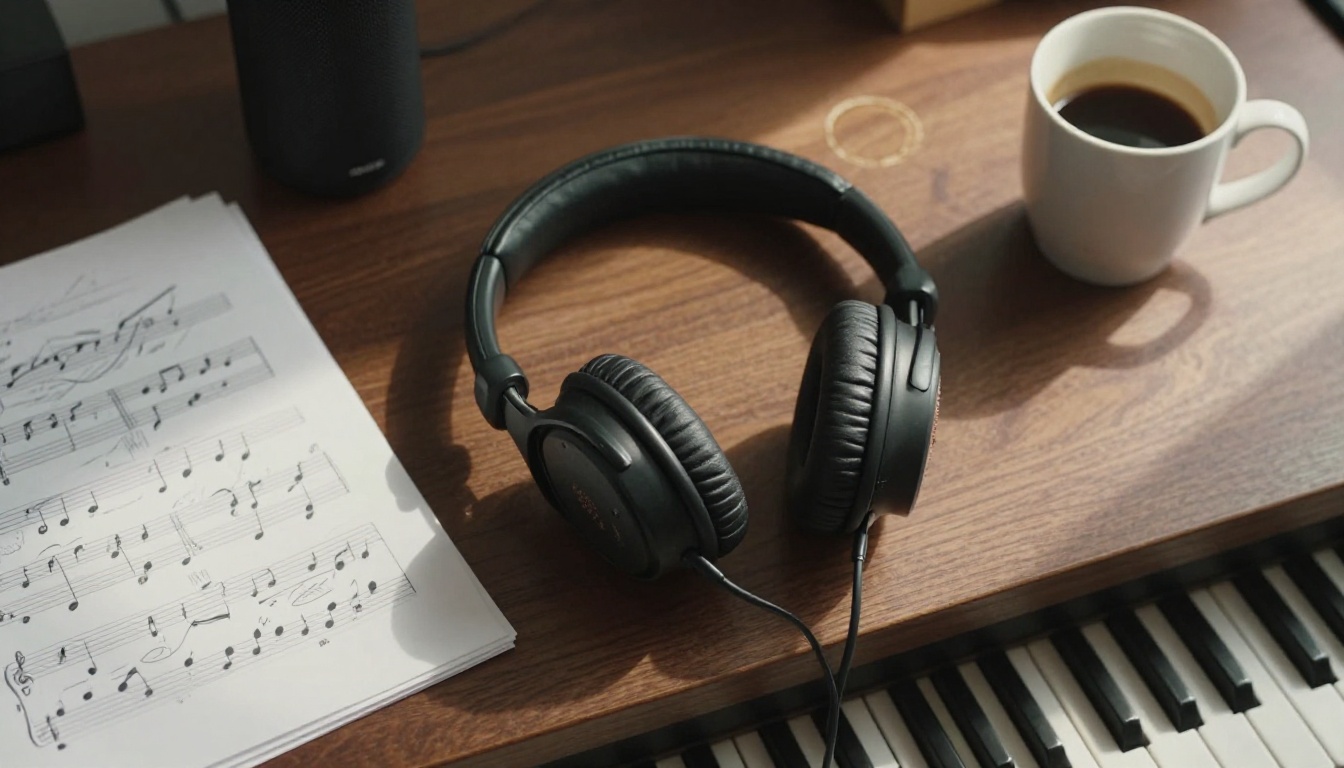 Music production desk with headphones and sheet music