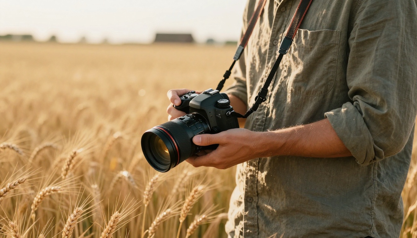 Filmmaker with camera in golden wheat field