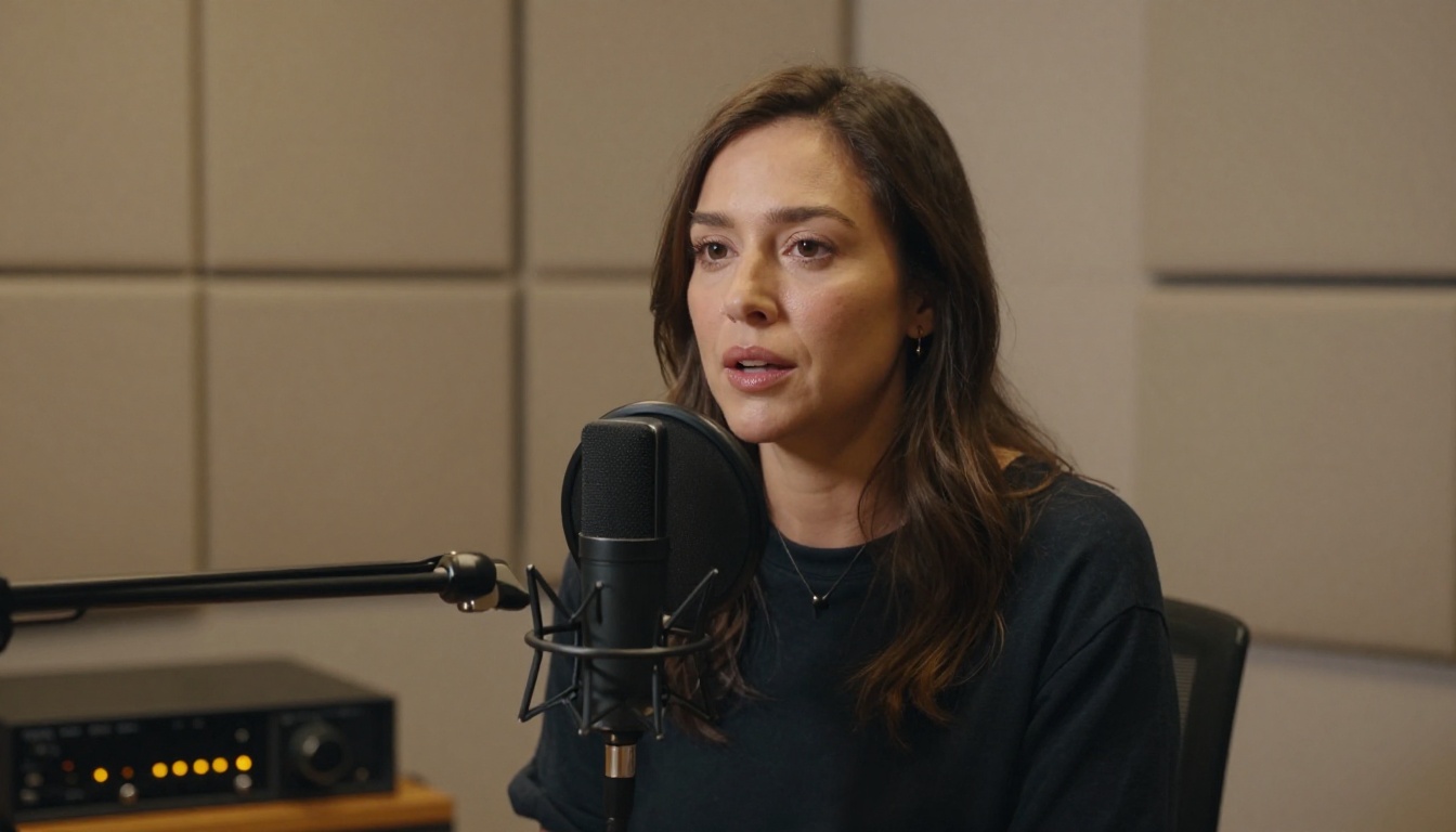 Woman speaking into studio microphone