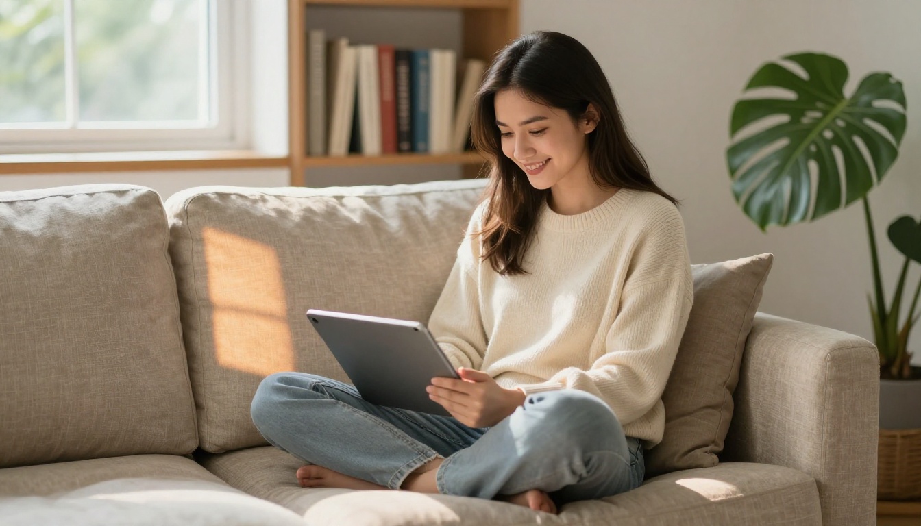 Woman relaxing on sofa using tablet
