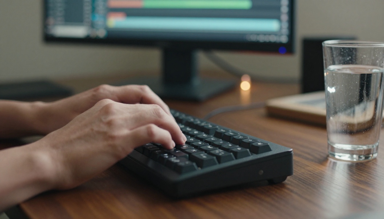 Video creator typing script at a polished wooden desk with audio waveforms visible on screen