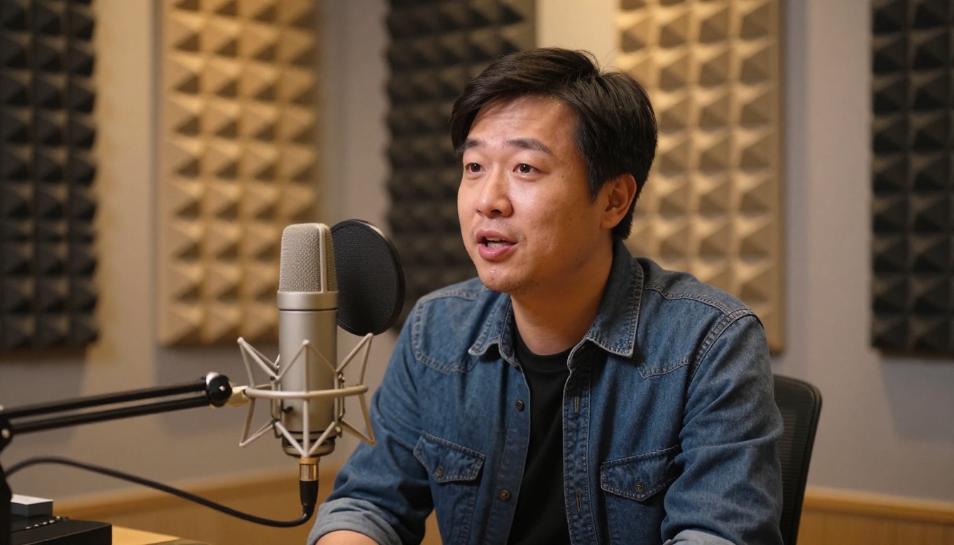 Professional podcast host at a condenser microphone in a warmly lit recording studio