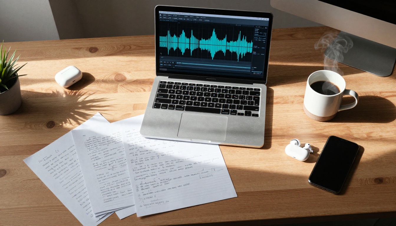 Aerial top-down view of a creative workspace with audio waveform on laptop, handwritten notes and coffee mug