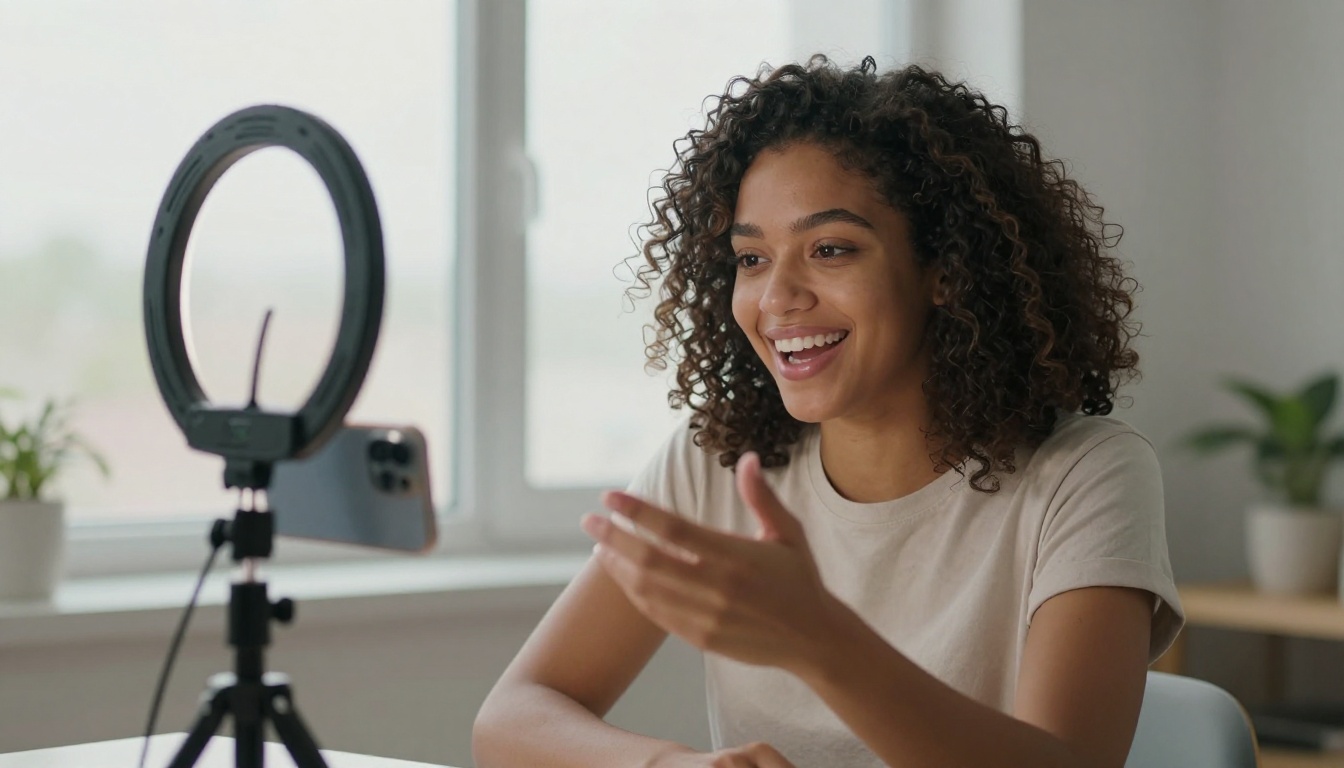 Young diverse woman recording a social media video in a bright minimalist apartment with natural light