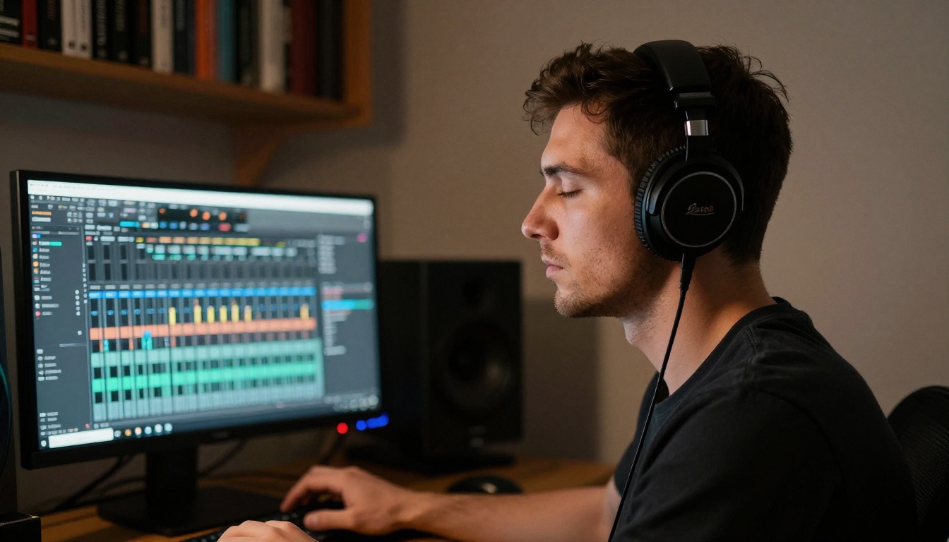 Male content creator with over-ear headphones in concentration, dramatic warm desk lamp lighting