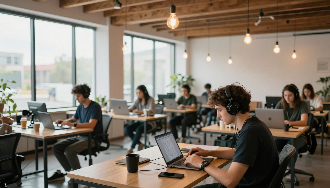 Modern co-working space with multiple video creators at desks under warm Edison bulb lighting Modern co-working space with multiple video creators at desks under warm Edison bulb lighting