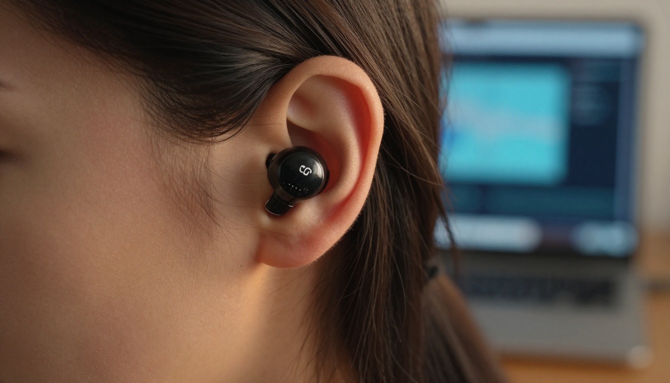 Extreme close-up of a woman's ear with wireless earbud, warm rim lighting and bokeh laptop background Extreme close-up of a woman's ear with wireless earbud, warm rim lighting and bokeh laptop background