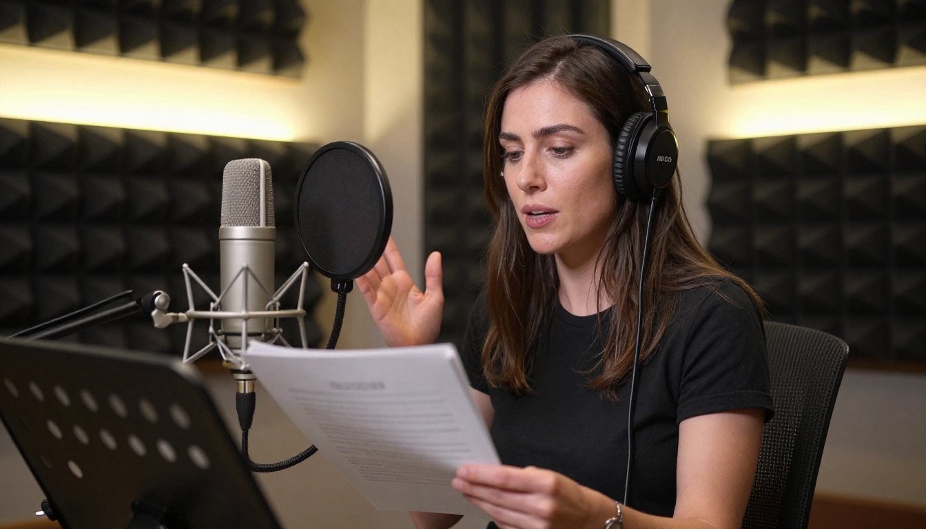 Professional female voice artist in a padded recording booth with a condenser microphone and script stand Professional female voice artist in a padded recording booth with a condenser microphone and script stand