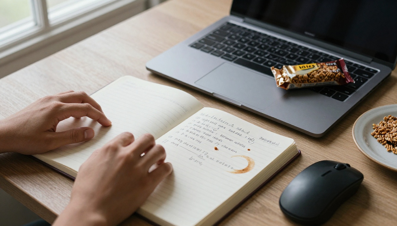Overhead shot of a laptop and open notebook with handwritten timestamps, natural diffused window light Overhead shot of a laptop and open notebook with handwritten timestamps, natural diffused window light