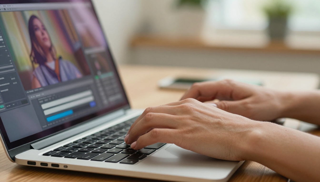Hands typing on laptop with video interface