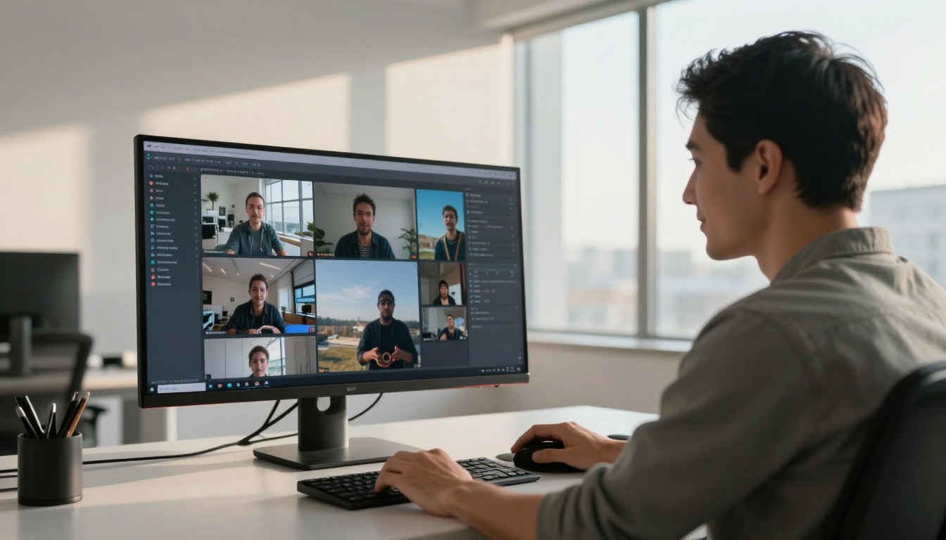 Man at monitor reviewing AI video clips
