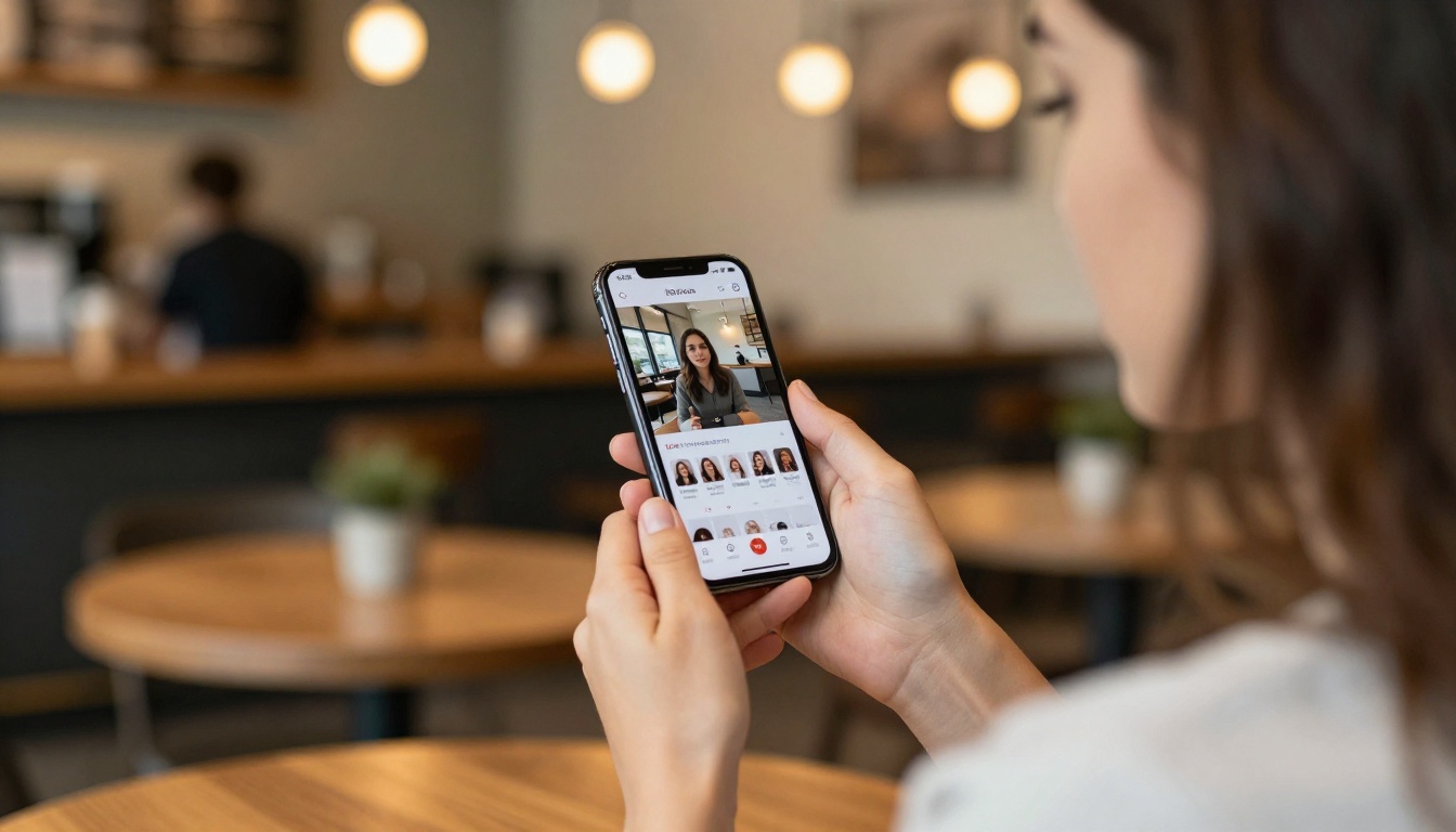 Woman in cafe with smartphone