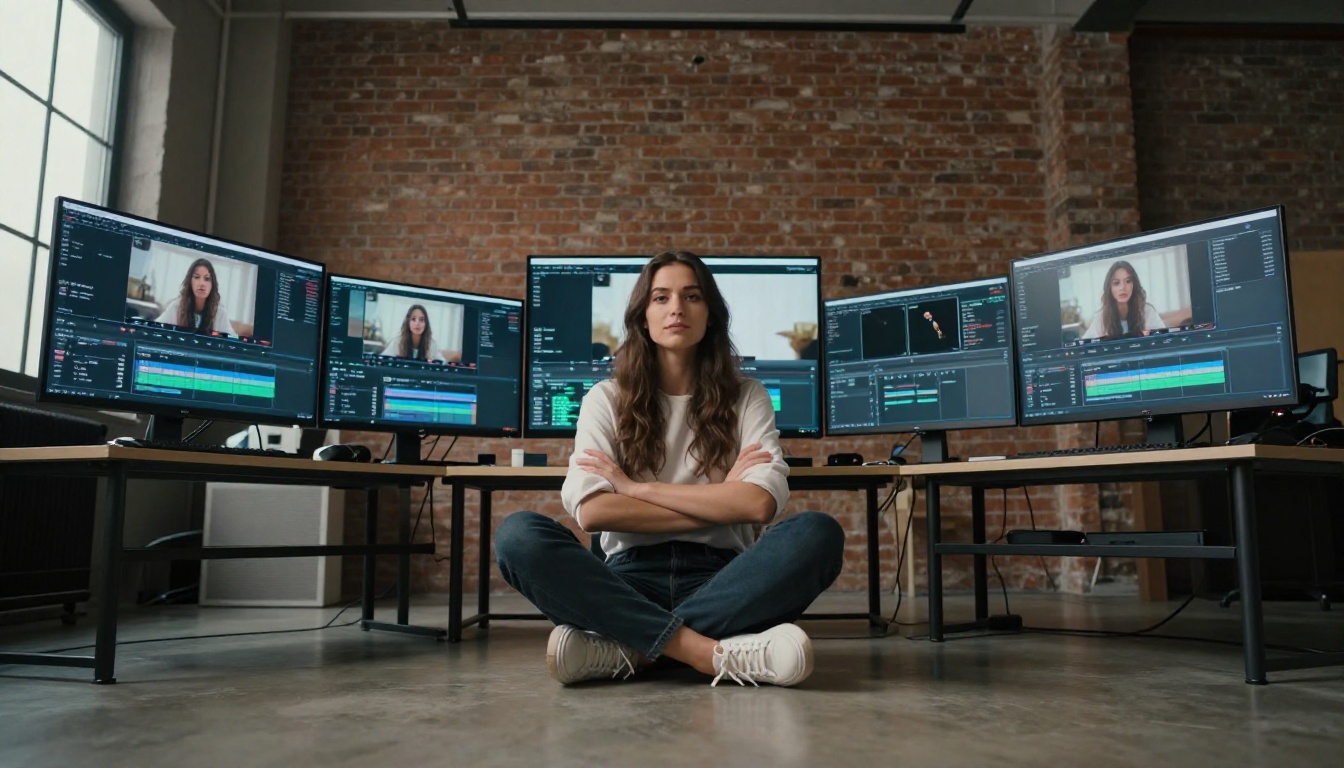 Woman in creative studio with multiple monitors