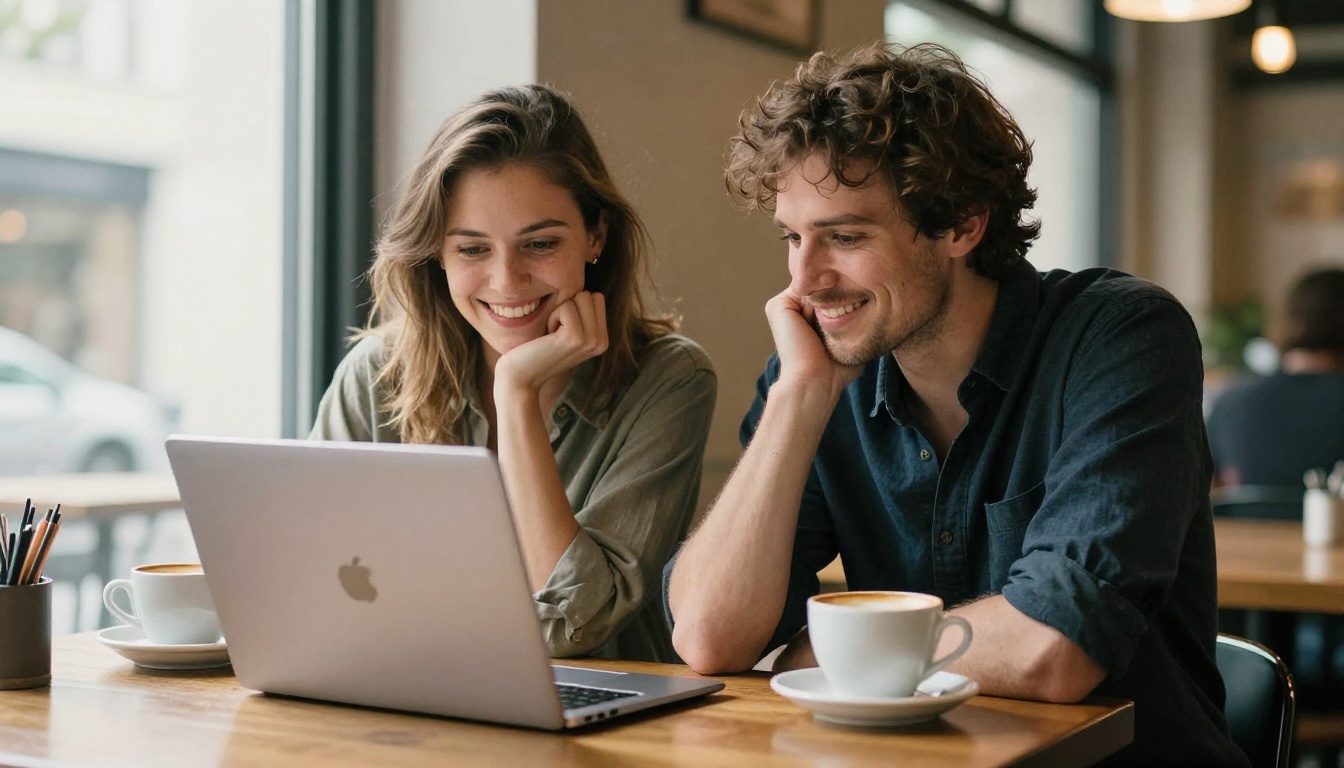 Couple at cafe sharing a laptop viewing AI videos Couple at cafe sharing a laptop viewing AI videos