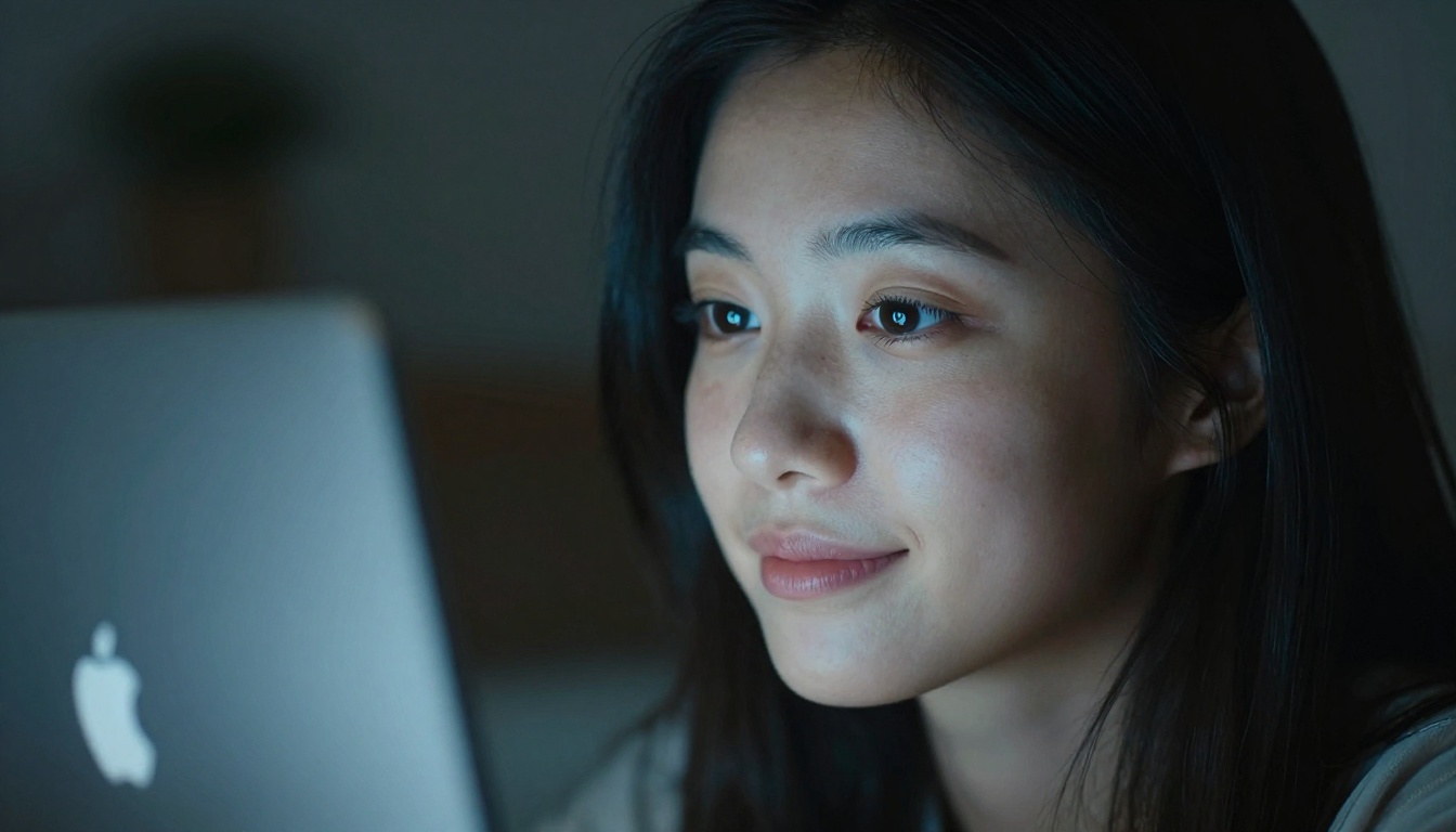 Woman's face illuminated by laptop screen glow in dim room Woman's face illuminated by laptop screen glow in dim room