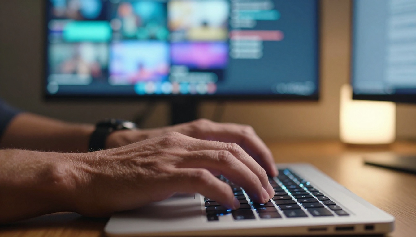Hands typing on keyboard with video interface in background