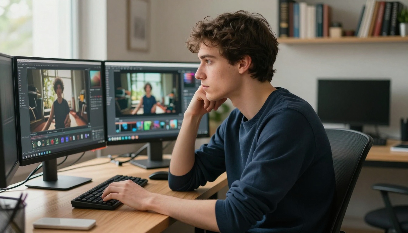 Young man comparing AI video outputs side by side on dual monitors