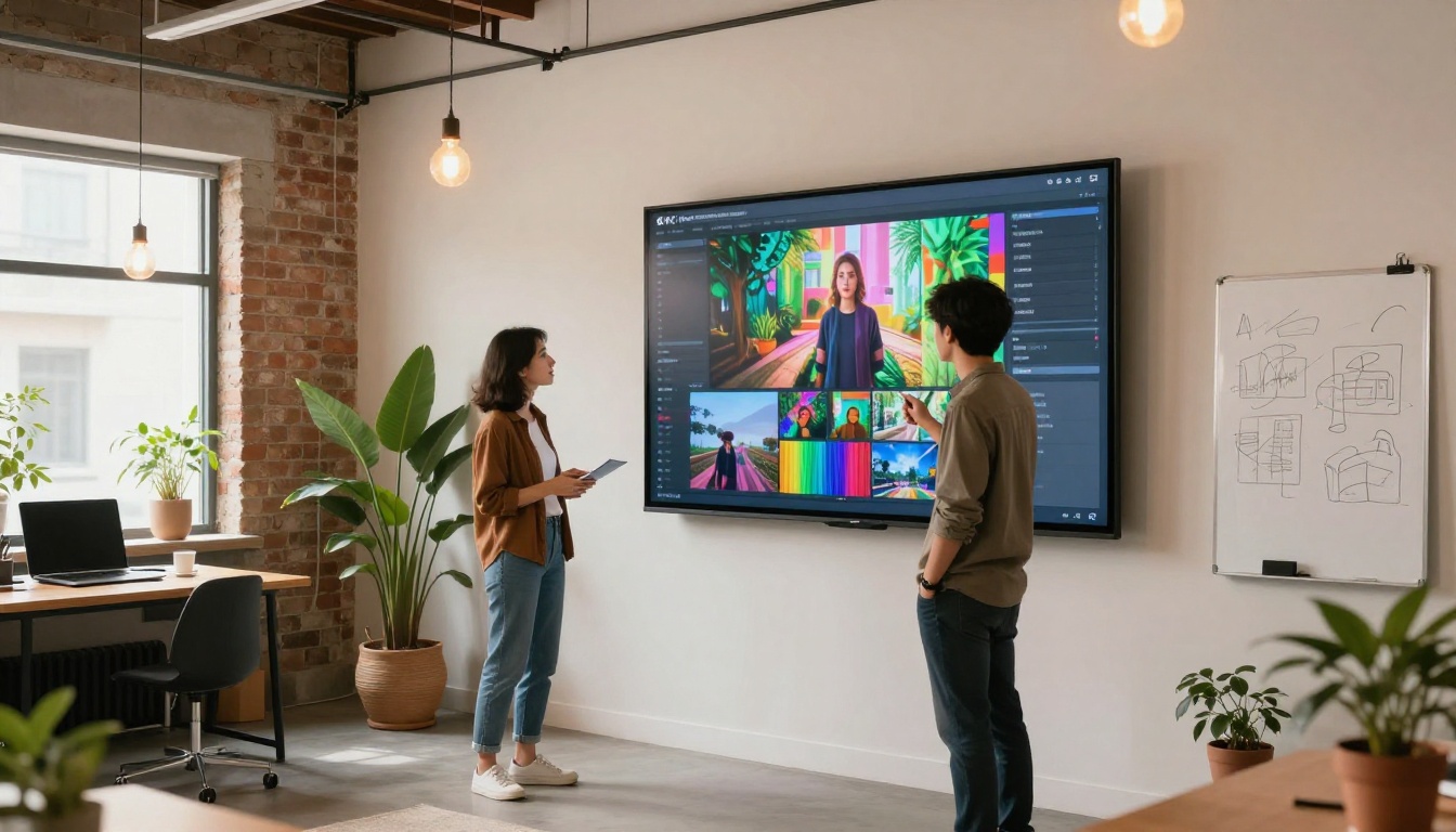 Two professionals discussing AI video on a large studio screen
