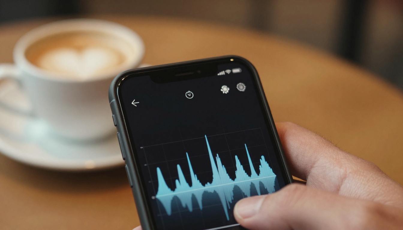 Smartphone screen showing AI video playback with audio waveform in cafe