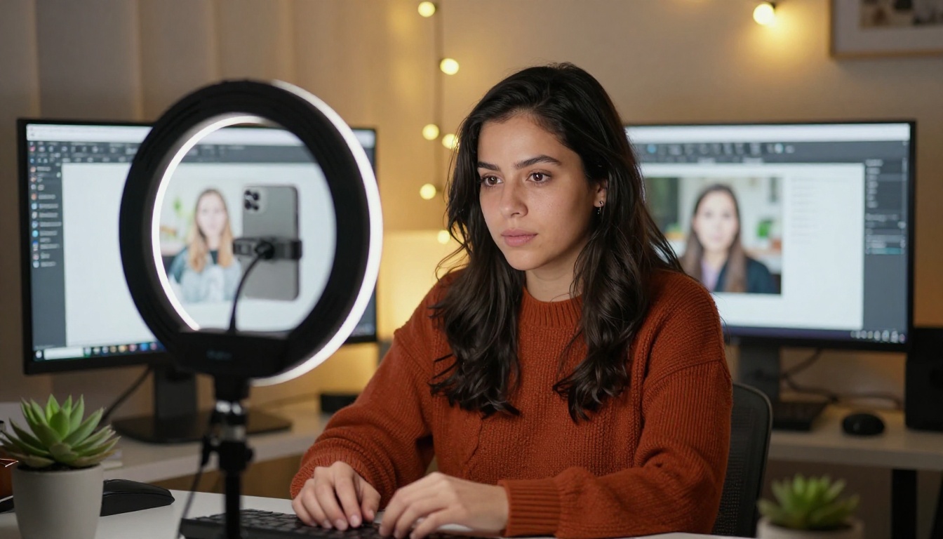 Female content creator at home studio desk with ring light and monitor