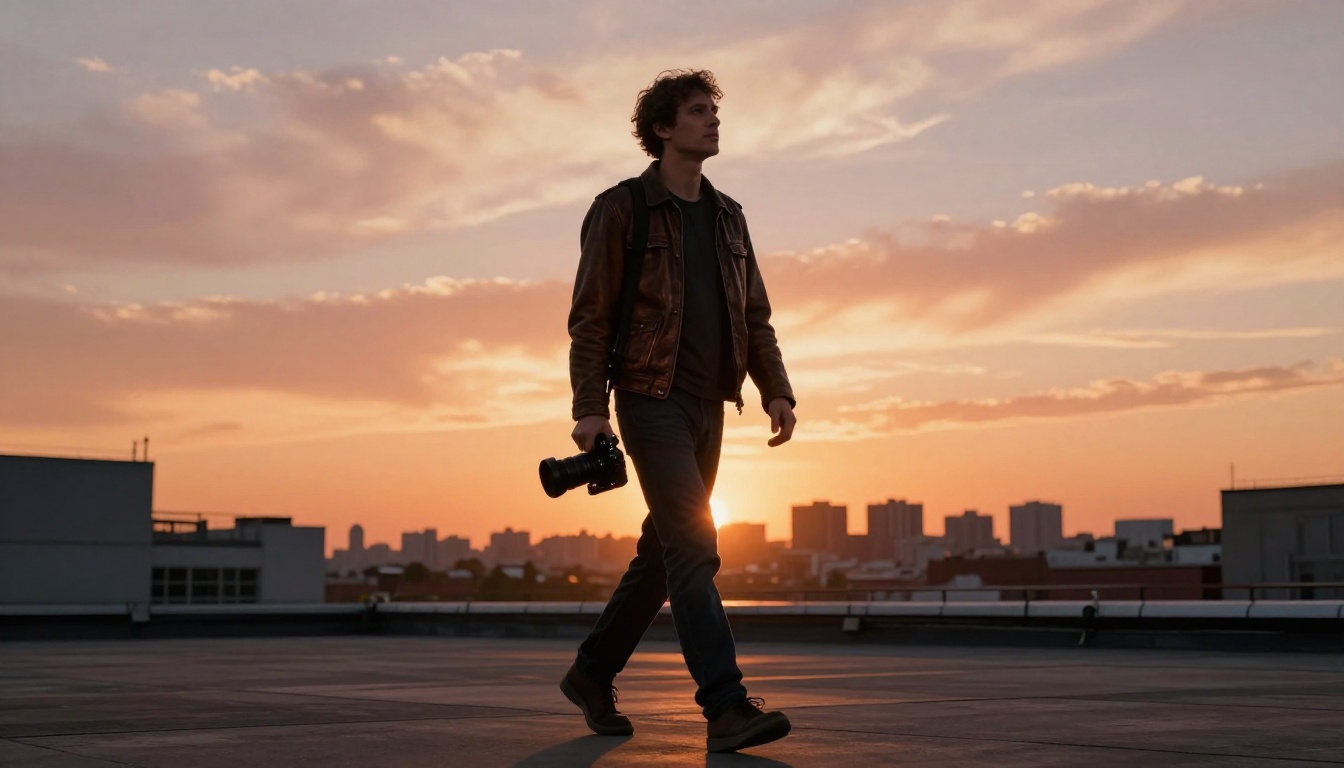 Filmmaker silhouetted against dramatic golden hour sunset on urban rooftop Filmmaker silhouetted against dramatic golden hour sunset on urban rooftop